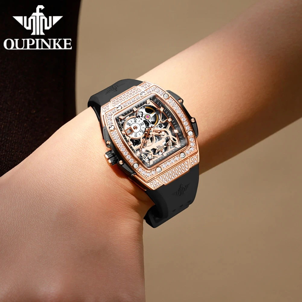OUPINKE Full Diamond Elegant Luxury Women's Watch Original Automatic Mechanical Watch Women's Black Silicone Strap Waterproof