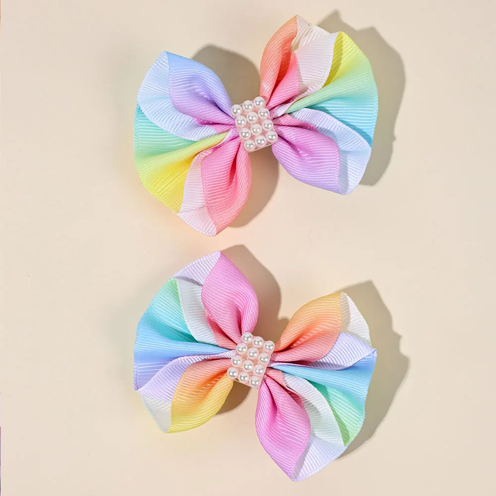 2Pcs Colorful Ribbon Bow Hair Clips Sweet Pearl Hairpins Barrettes Delicate Hairgrips Children Headwear Kids Hair Accessories