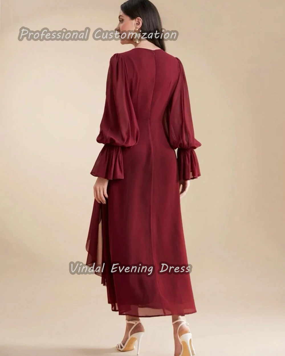 Vindal Ankle length V-Neck A-Line Ruffle Prom Dress luxurious Chiffon Breast Padding Elegant Long Sleeves  السعود For Woman 2024