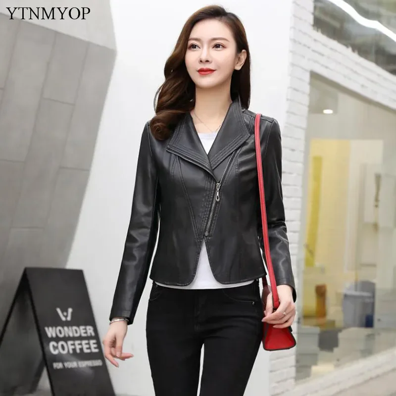 YTNMYOP Plus Size 5XL Women Leather Jacket Long Sleeve Spring And Autumn Clothing Office Lady Leather Coat Slim Outerwear Suede