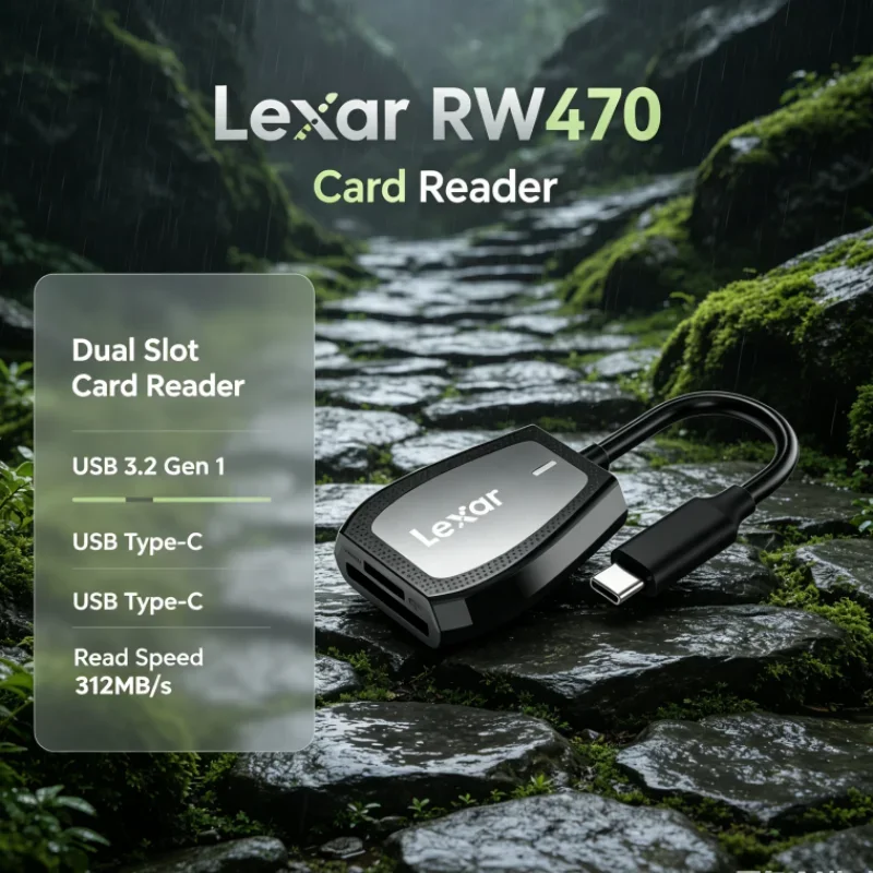 Lexar RW470 Card Reader Dual Slot 2-in-1 Type-C USB 3.2 Gen1 SD microSD UHS-II 312MB/s Transfer for Photo Transfer
