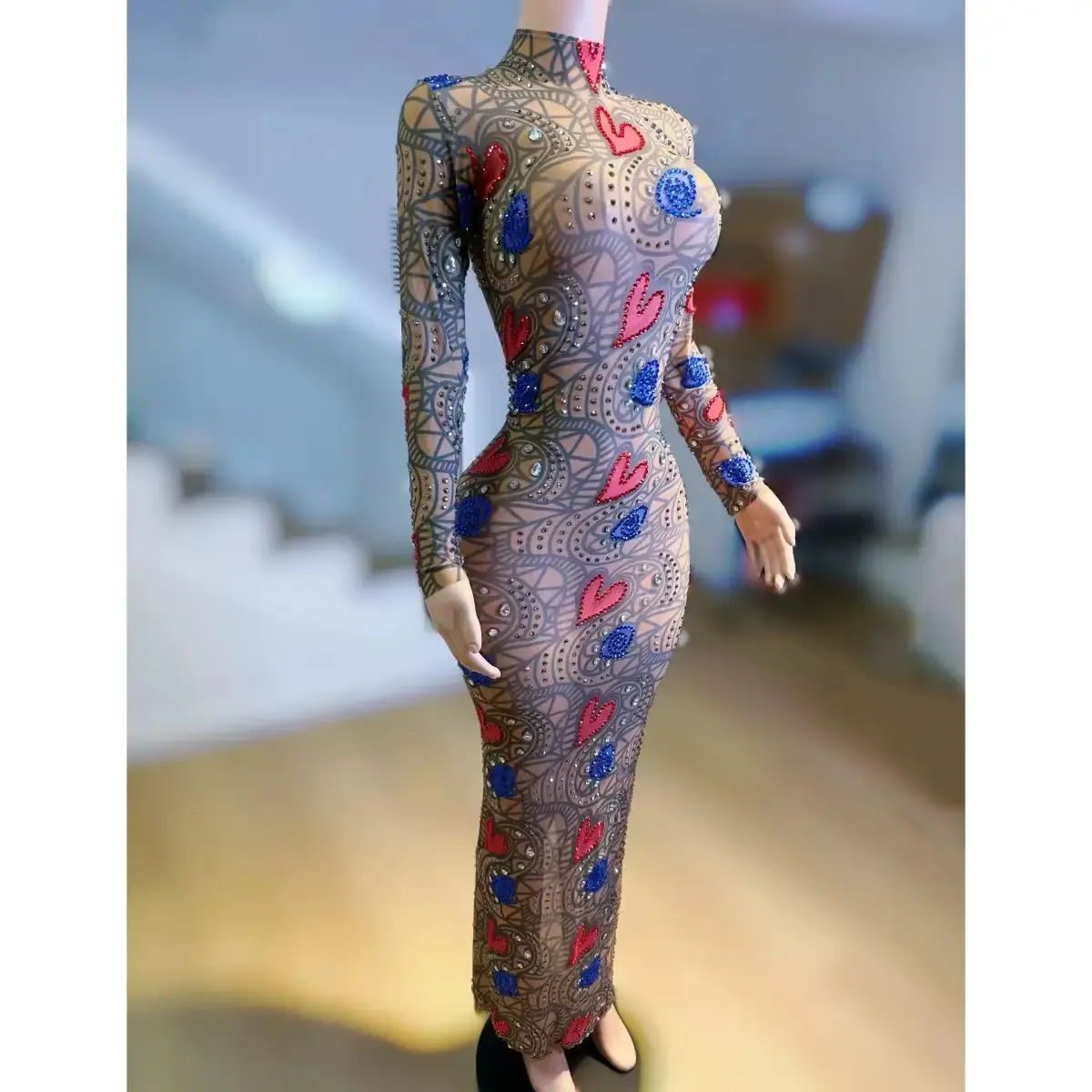 Bar DJ club nocturno mujer cantante actuación disfraz Sexy estampado completo de diamantes falda larga adelgazante equipo de baile fiesta tema espectáculo