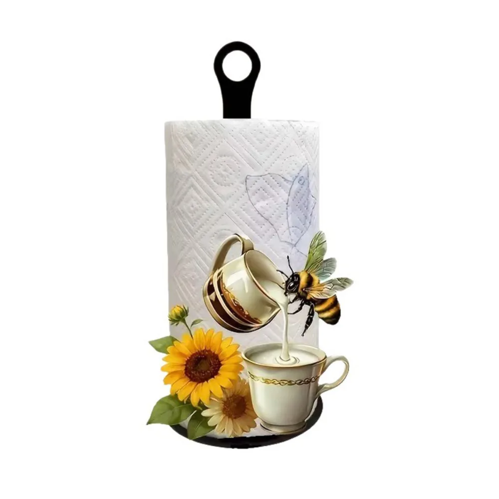 2D Flat Acrylic Roll Paper Towel Holder Wooden Base Sunflower Floral Paper Towel Stand Decorative Freestanding