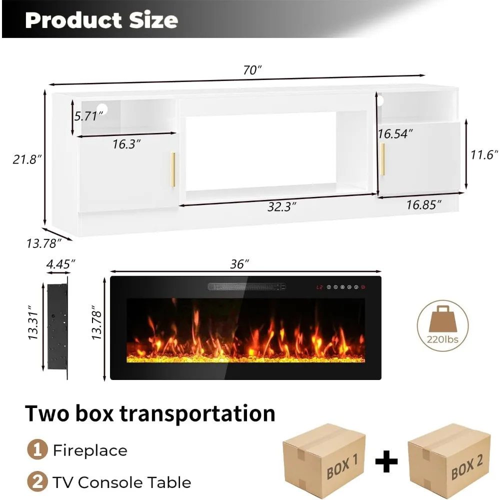 TV Stand with Fireplace, 70 Inch Fire Places TV Stand for Living Room, 36