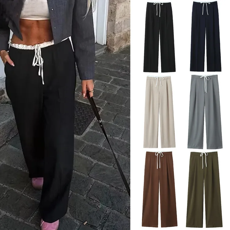 

Women's new Fashion double-layer waist strap design casual versatile wide leg pants retro side pocket zipper women's pants