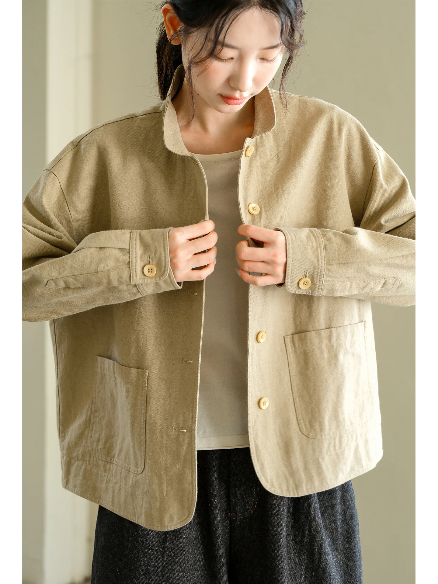 Heavyweight Twill Cotton Linen Long Sleeve Jacket Short Women's Autumn Winter New Style Original Design Loose Fit Zipper Closure