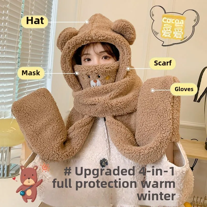 

Winter Hat Scarf Gloves mask Set Cute Bear Ears Plush Thicken Warm Beanie hat women Outdoor Ear Protection Cap womens winter hat