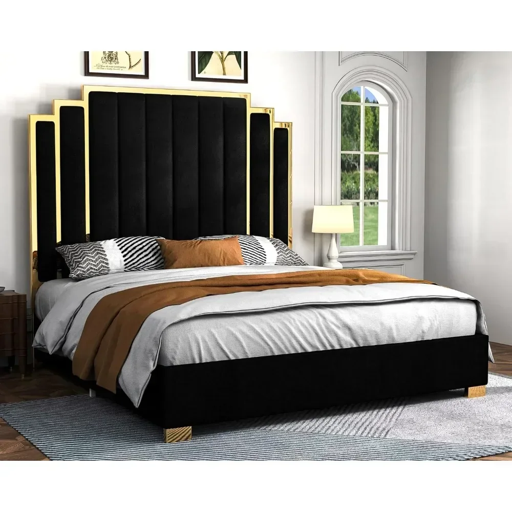 Rangka Tempat Tidur Platform Ukuran King, Tempat Tidur Berlapis Beludru 65" dengan Headboard Trim Emas/Bilah Kayu