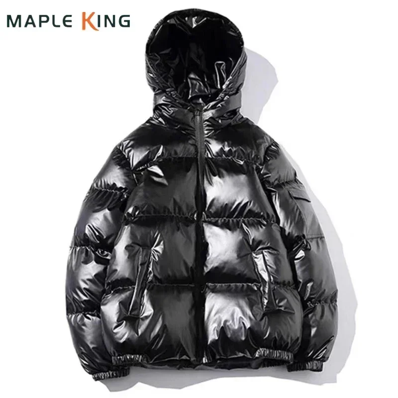 

Glossy Black Mens Coats and Jackets Women Harajuku Parkas Cotton Padded Hooded Bright Jaqueta Masculina Unisex Winter Clothes