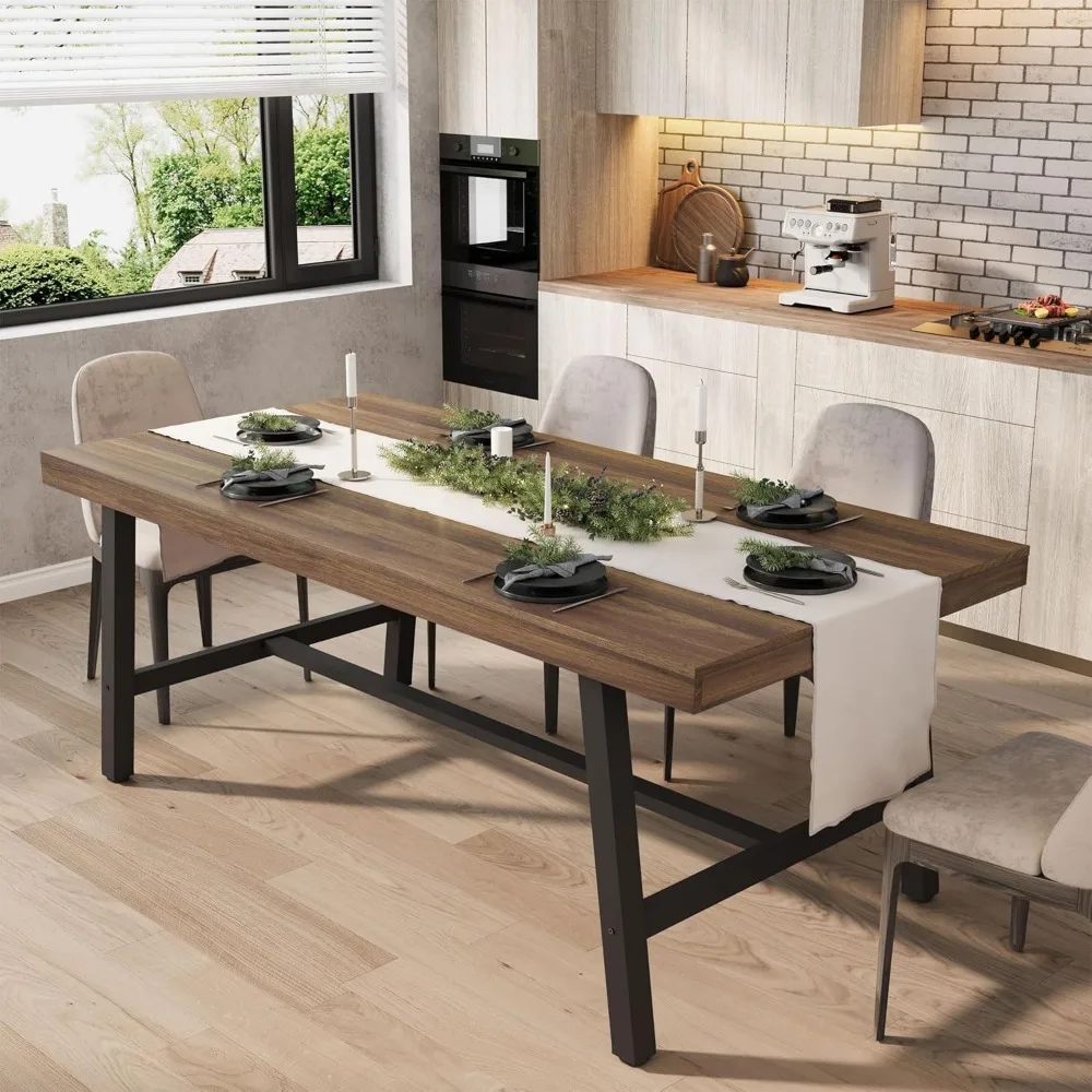 

Industrial Dining Table for 6-8 People, 70.87" Long Wooden Kitchen Table with Sturdy Metal Frame & Rustic Brown Finish - Seats 6