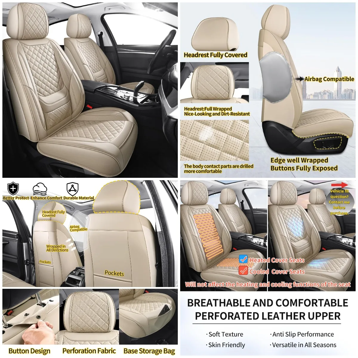 

Front Pair Waterproof Leatherette Car Seat Covers Fit Most Cars SUVs Sedans Trucks (Beige)