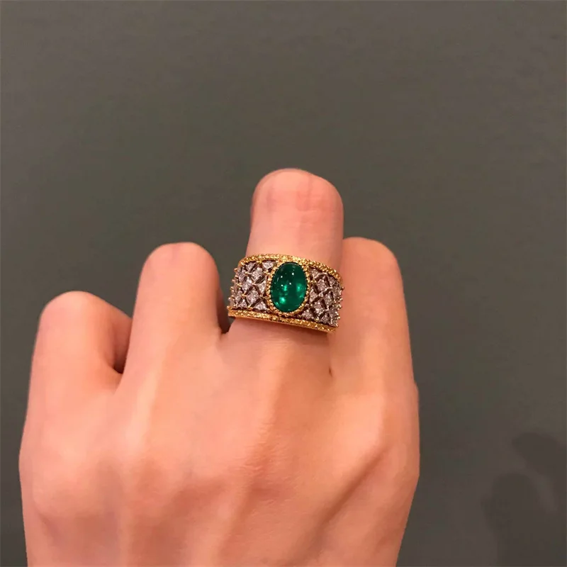 925 sterling silver French retro lace emerald high-end open ring with zircon inlay for women, fashionable casual jewelry gift
