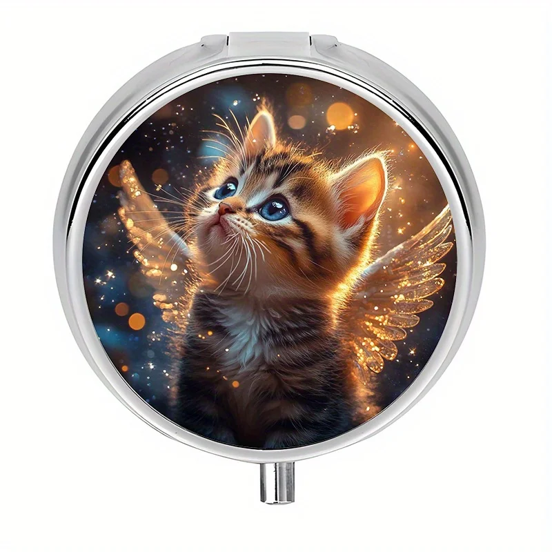 1 mini pill box with 3 compartments, cute cat and angel wings themed mini pill box, mini decorative portable pill box, perfect for travel and storing vitamins