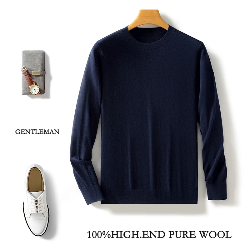 Fall/Winter 2024 New 100 Pure Wool Men's Round Neck Solid Color Casual Wool Loose Simple Worsted Knitting Sweater