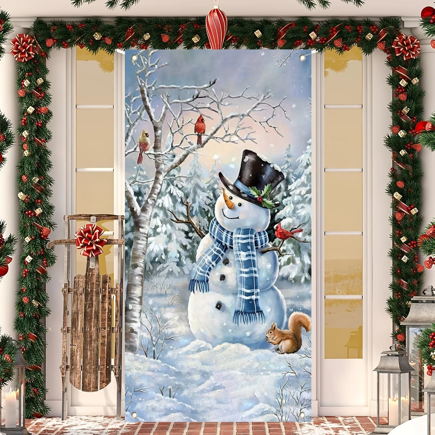 2D Door Canvas Christmas Snowman Door Cover, size 35.4X71 inches - Holiday Decoration