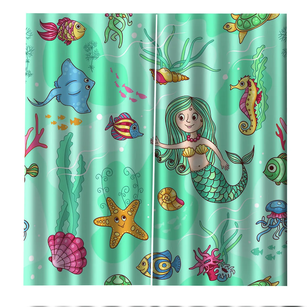 

Ready-made CartoonUnderwater Sea World Mermaid Thin Window Curtains For Kids Bedroom Living Room Bathroom Kicthen Door Hall Home