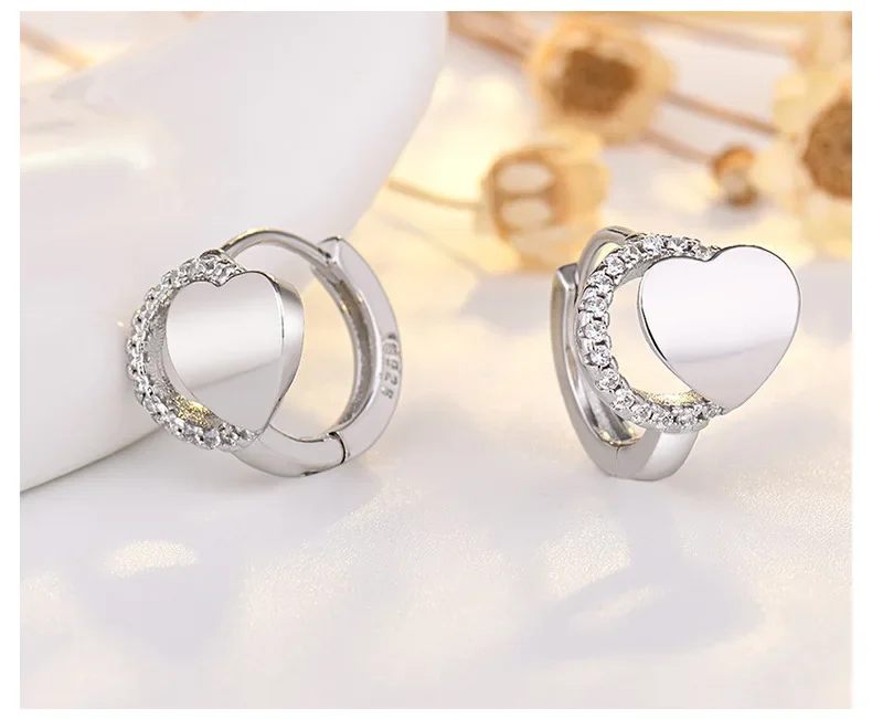 Cute with 925 Stamp SIlver Needle Love Heart Zircon Hoop Earring for Women Children Student Charm Wedding Jewelry Party Gift