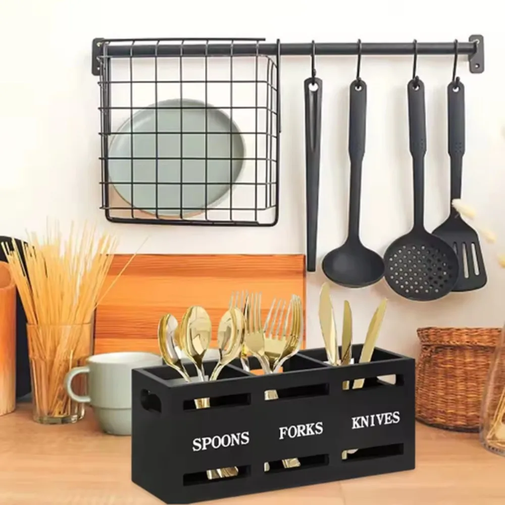 

3 Compartment Wooden Rustic Cutlery Rack Rectangular Vintage Kitchen Utensil Holder With Hollow Handles Cutlery Storage Rack