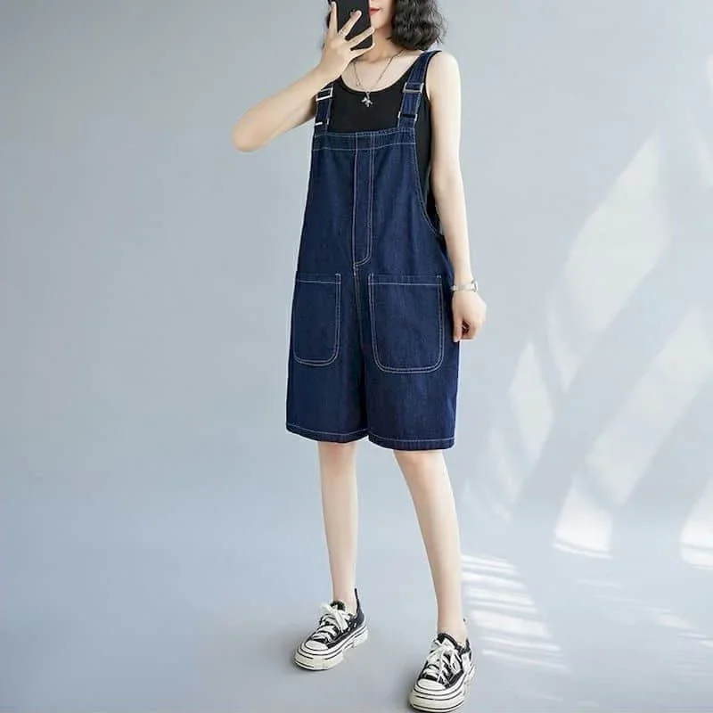 Kombinezony dla kobiet Denim Vintage Casual Koreańska moda Solidne kombinezony Luźne szorty z szerokimi nogawkami Jednoczęściowy strój Odzież damska