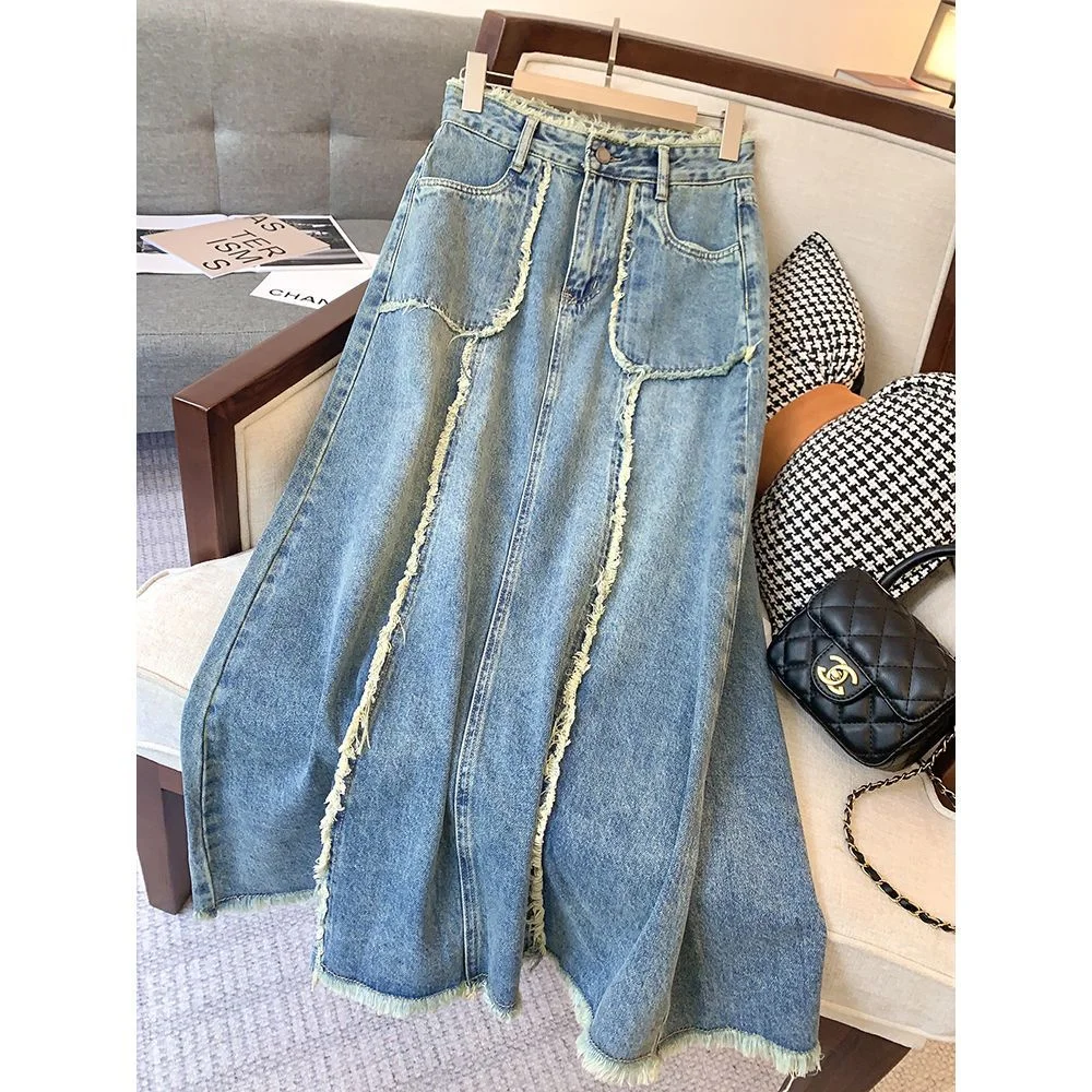 

Womens Spring Vintage Pocket A-line Jeans Skirt High Waist Women Long Caual Skirt Fashion Tassel Denim Long Skirts