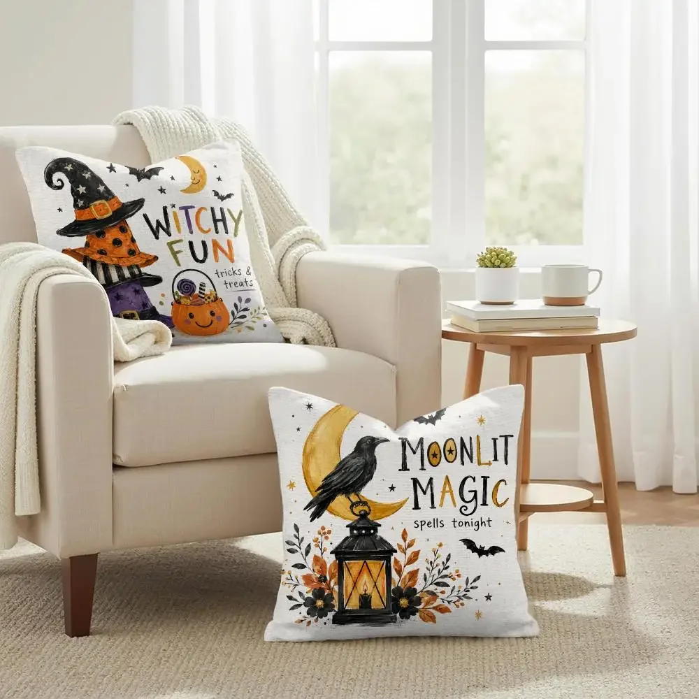 Halloween Fall Decor Throw Pillow Covers Witchy Fun Spooky Season Moonlit Magic Autumn Pumpkin Owl