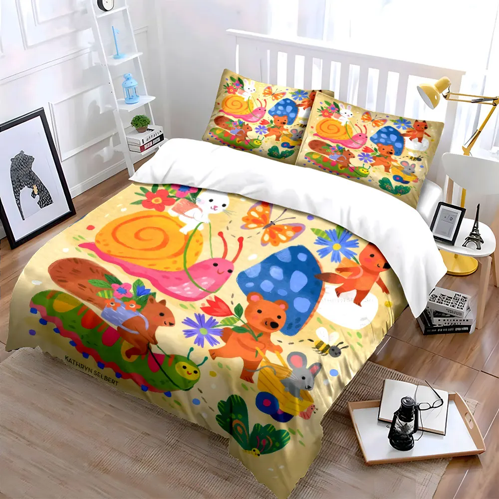 3Pcs Woodland Friends Cartoon Animal Duvet Cover Set, Bunny Fox Bear Garden Nursery Bedding Single Double King Queen, Gift