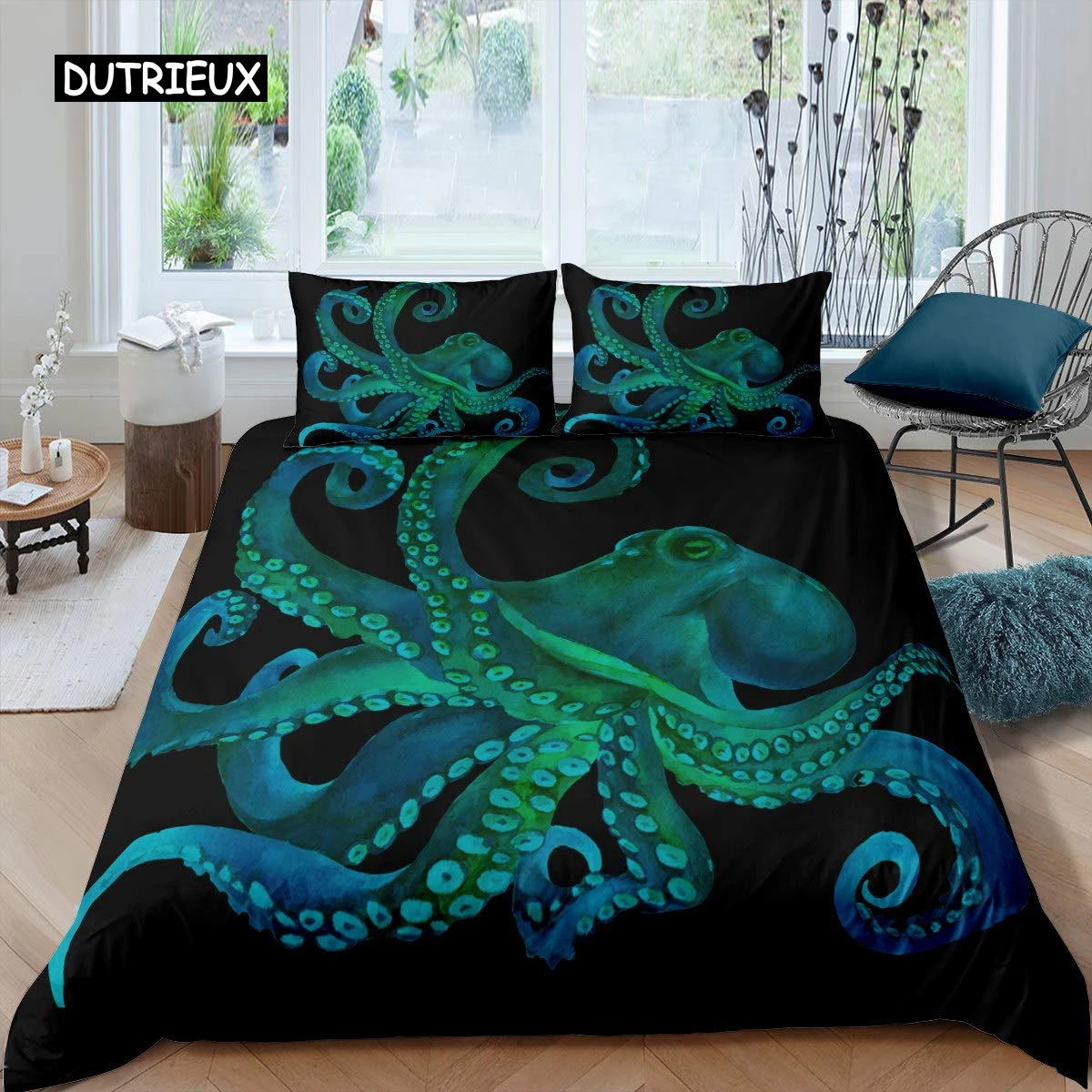 

Octopus Duvet Cover Set Microfiber Green Octopus Tentacles Twin Bedding Set Sea Marine Theme Underwater Animal Comforter Cover