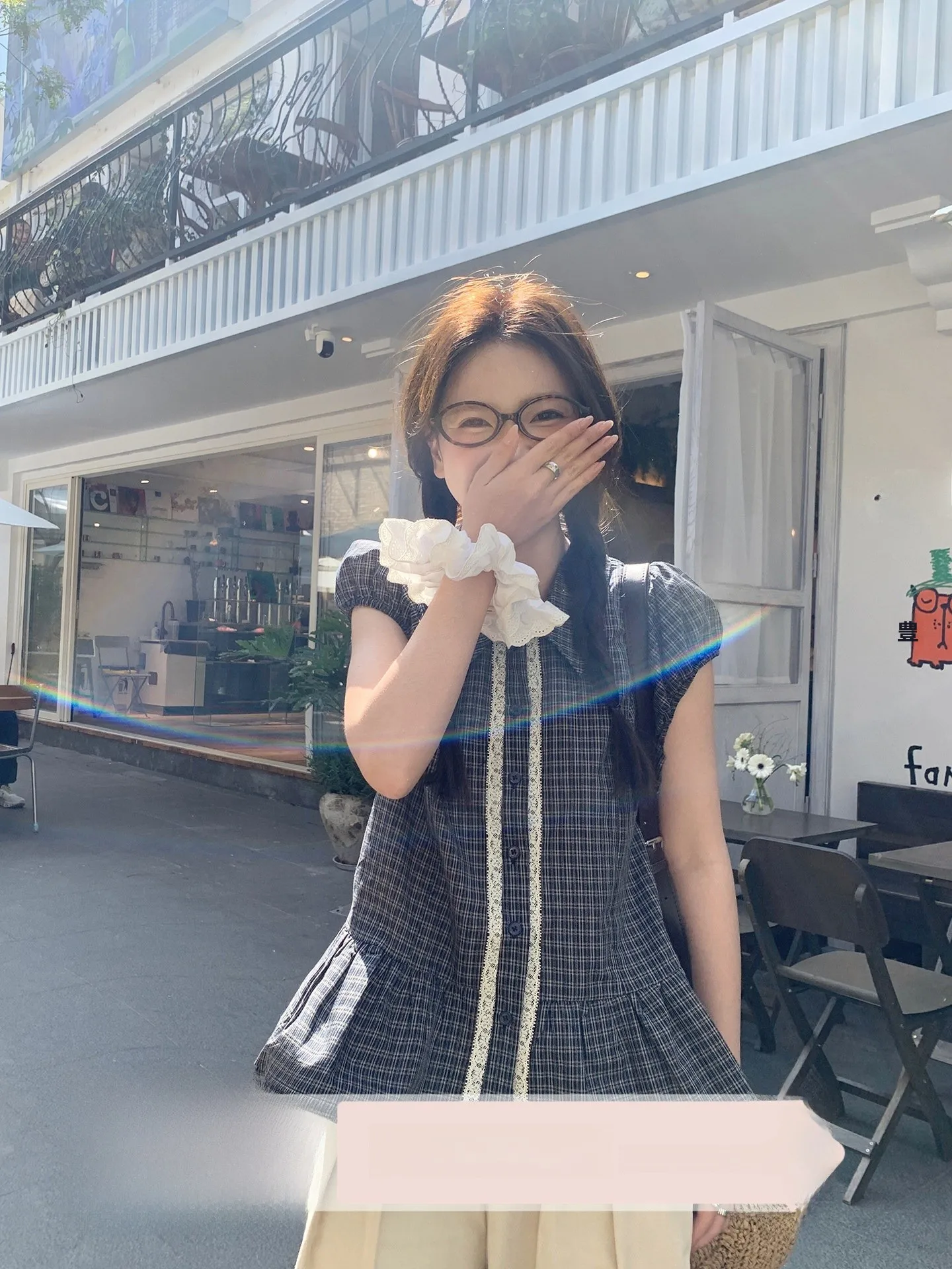 

Cheese Rabbit Plaid Shirt Women's Bubble Sleeve Summer Turn-down Collar Lace Design Korean Style Top Cotton Short Sleeve