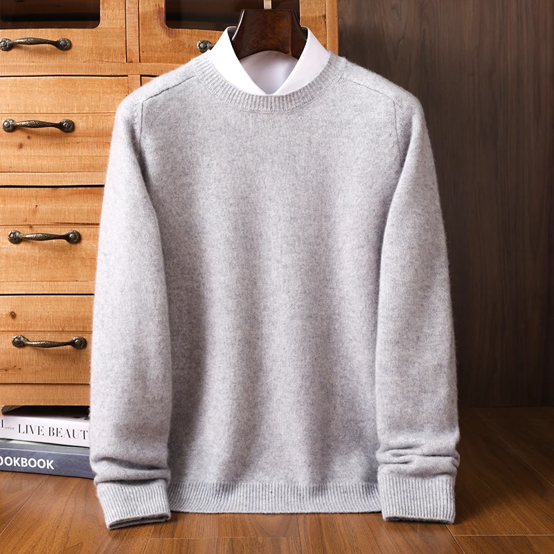 100% Cashmere Sweater Men Thickened Round Neck Sweater Autumn Winter New Saddle Shoulder Knitted Pullover Inner Wear Top