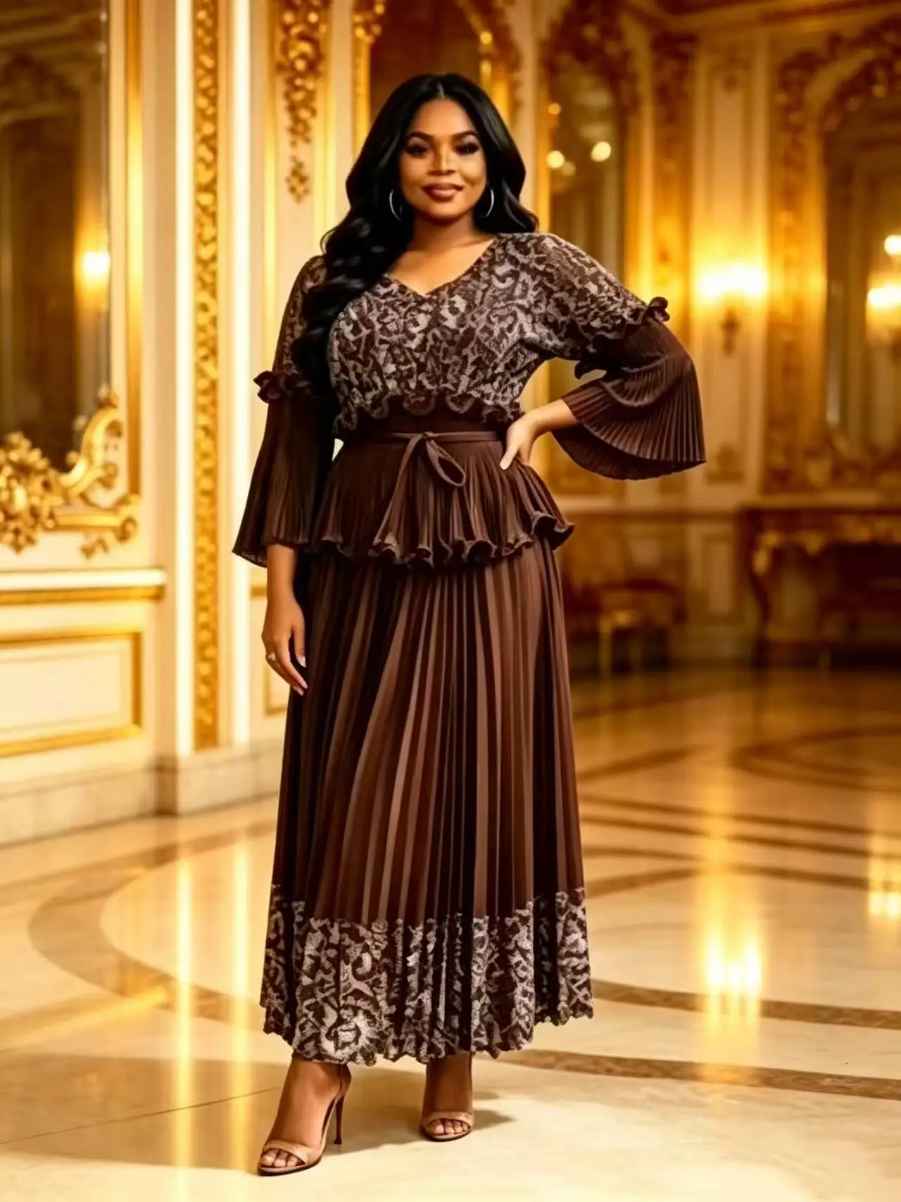 2026 African Miyake Pleated Printing Bronzing Irregular Top + Skirt Two-piece Set Loose Women's Clothing