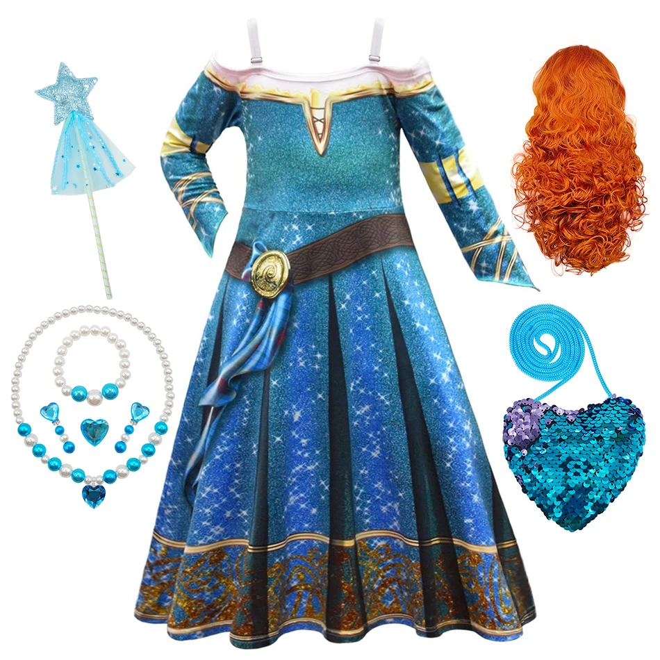 Merida Cosplay 3D Print Princess Dress Girls Carnival Birthday Party Costumes Kids Long Sleeved Halloween Disguise Brave Apparel