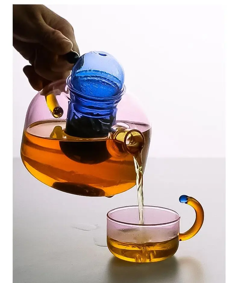 Handmade Colorful Glass Cup with Handle Cooking Teapot High Temperature Glasses Mug Tea Separate Filter Small Bubble Teapot