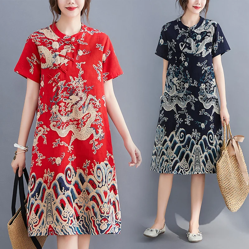 Summer New Sle Northeast Large Flower Ethnic Artistic Cotton Linen Print ort Sve Women's Qipao Dr Traditional Chine...