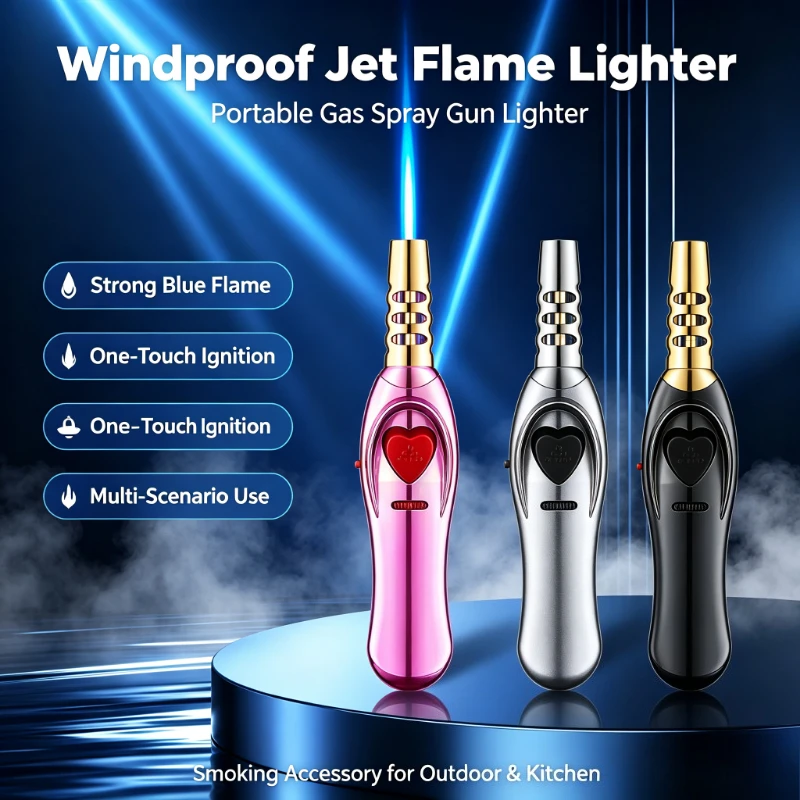 Triple Jet Flame Spray Gun Lighter, Windproof Gas Lighter for Moxibustion Cigar Outdoor Barbecue Kitchen Smoking Accessories