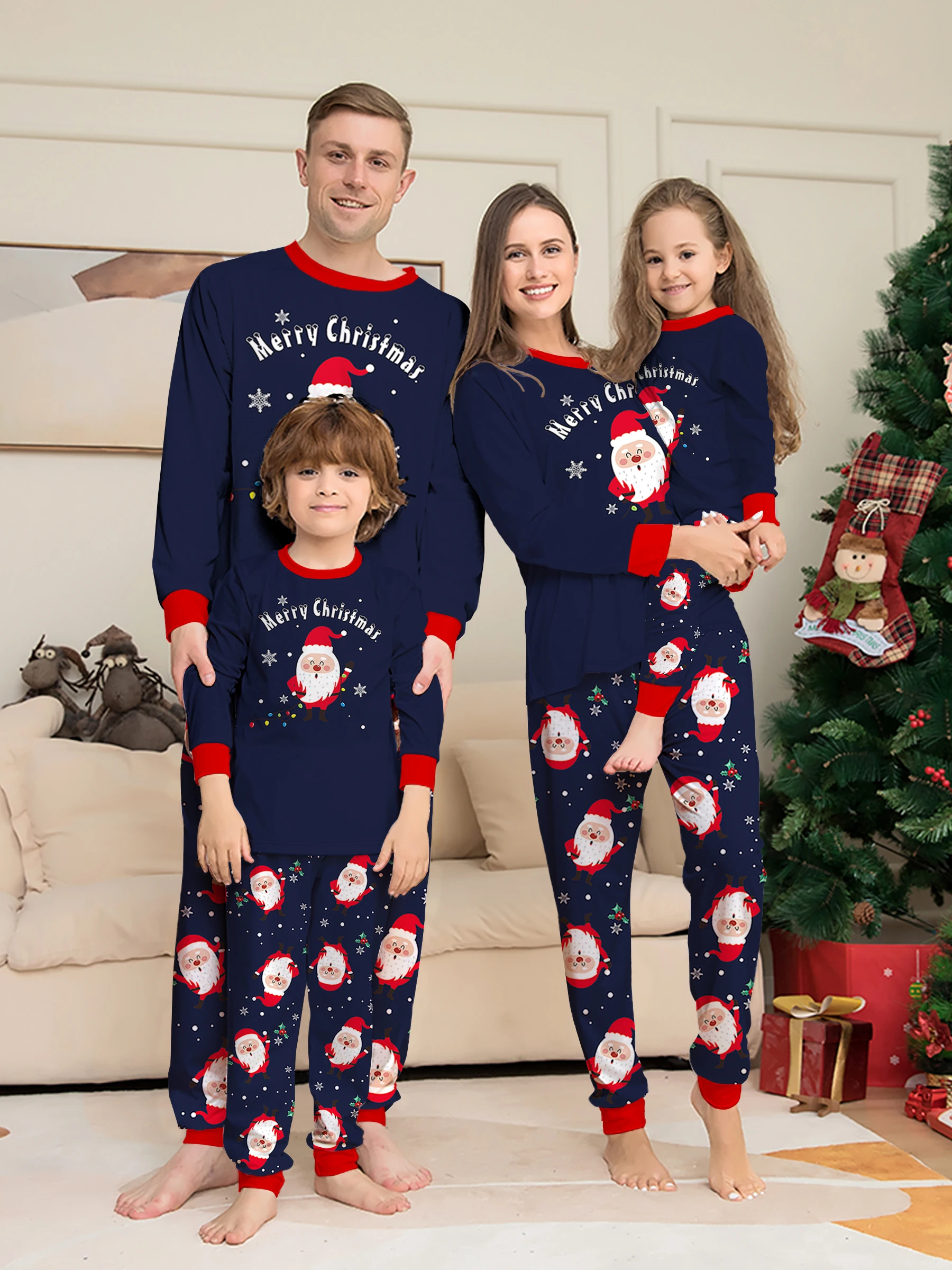 Family Christmas Pajamas Matching Parent-child Sleepwear Navy Blue Long Sleeve Santa Claus Print Xmas Gift Men Women Kids