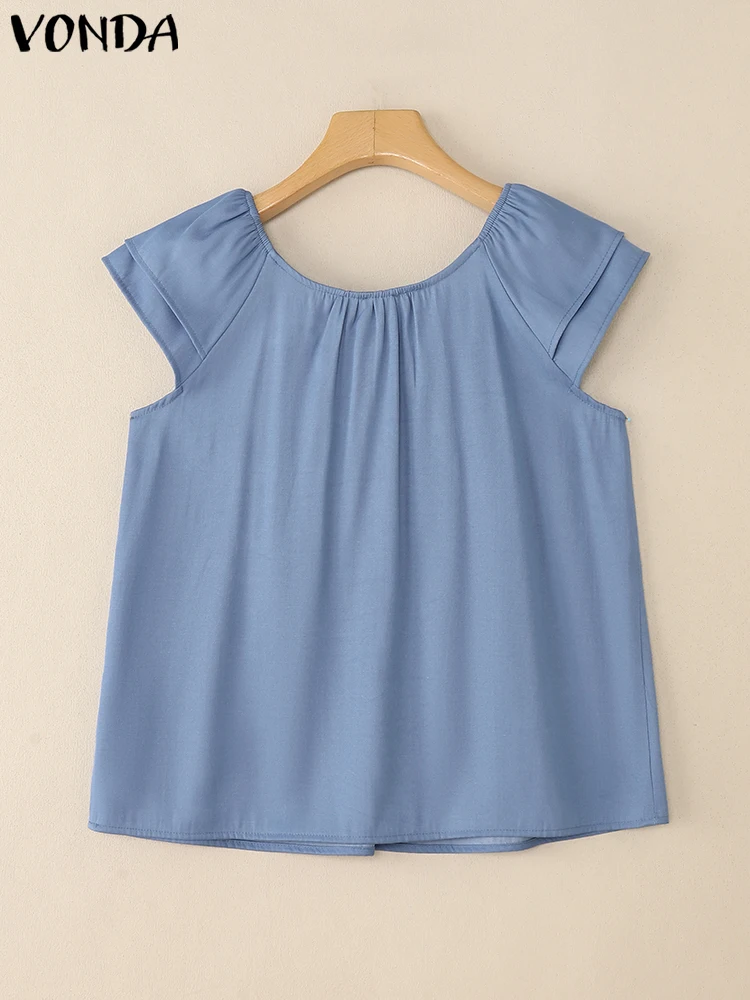 VONDA Plus Size Blouse Women Summer Denim Shirts Ruffled Big Size Blouse Short Sleeve Tunic Tops Casual Loose Solid Color Blusas