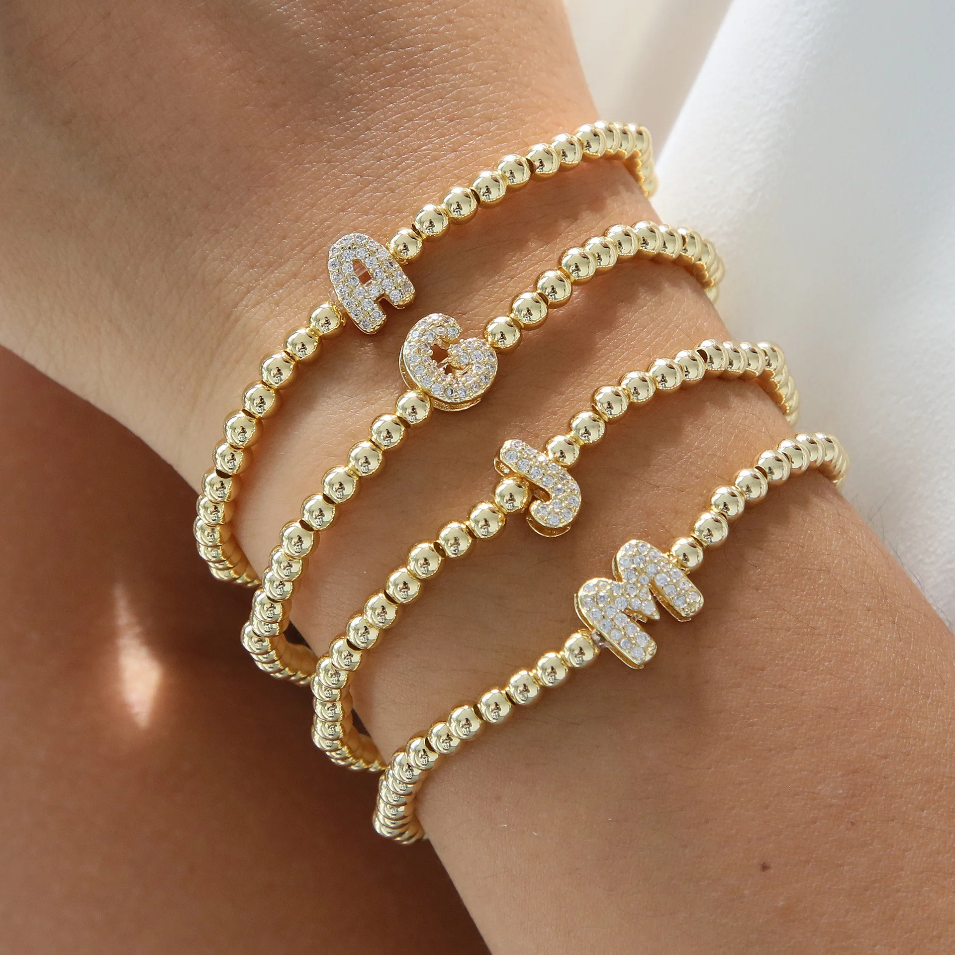 Vintage Zirconia Initials Letters Bracelet Gold Plated 26 A-Z Letters Copper Beads Elastic Beaded Bracelet Women Jewelry