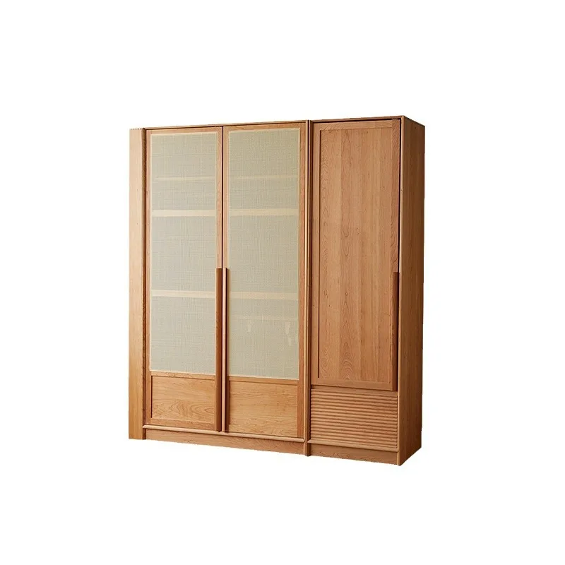 Cherry wood wardrobe cloakroom rattan furniture storage locker child home wardrobe combination wardrobe