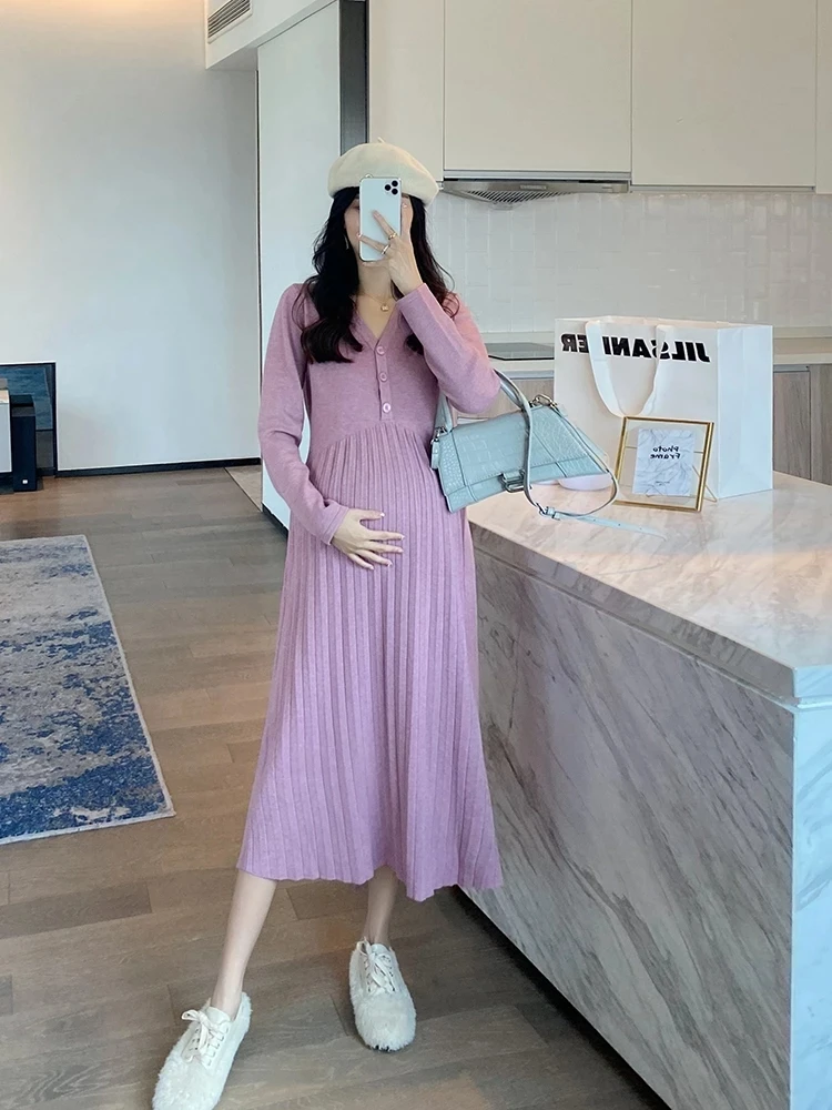 Newest Autumn Winter Fashion Knitted Maternity Long Dress V Neck A Line Slim Pleated Ruffle Clothes for Pregnant Women Pregnancy