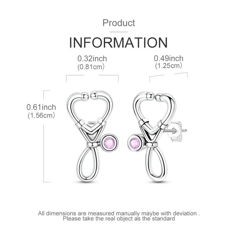 S925 Sterling Silver Heart Stethoscope Stud Earrings Pink Cubic Zirconia Medical Earrings Nurse Doctor Jewelry for Women Gift