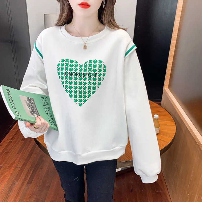 Women\'s Long Sleeve O-Collar Hoodies Fake Two Letter Printing Green Love, Thin, Classic, Long Sleeve, Autumn, Lady Top, Fashion