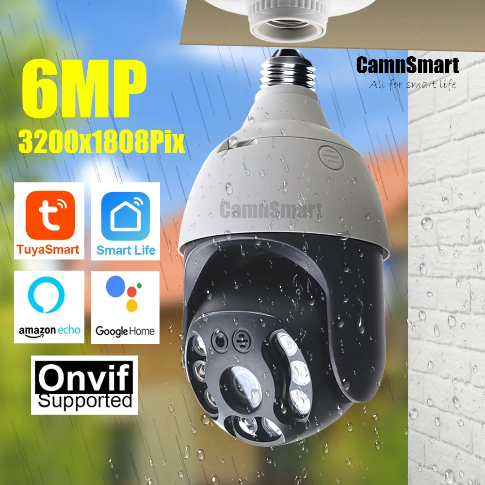 6MP Tuya Wifi Camera E27 Bulb Security Protection Outdoor Wireless Auto Track Onvif Protocol  Smart Life Home Guard Waterproof