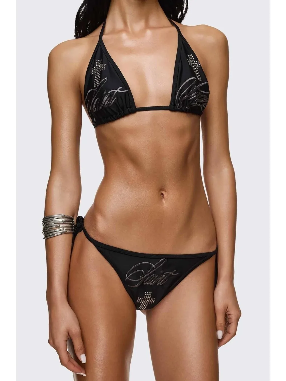 Hot girl sexy triangle bikini set cross rhinestone design printing pattern ins style leisure fashion beach vacation in summer.