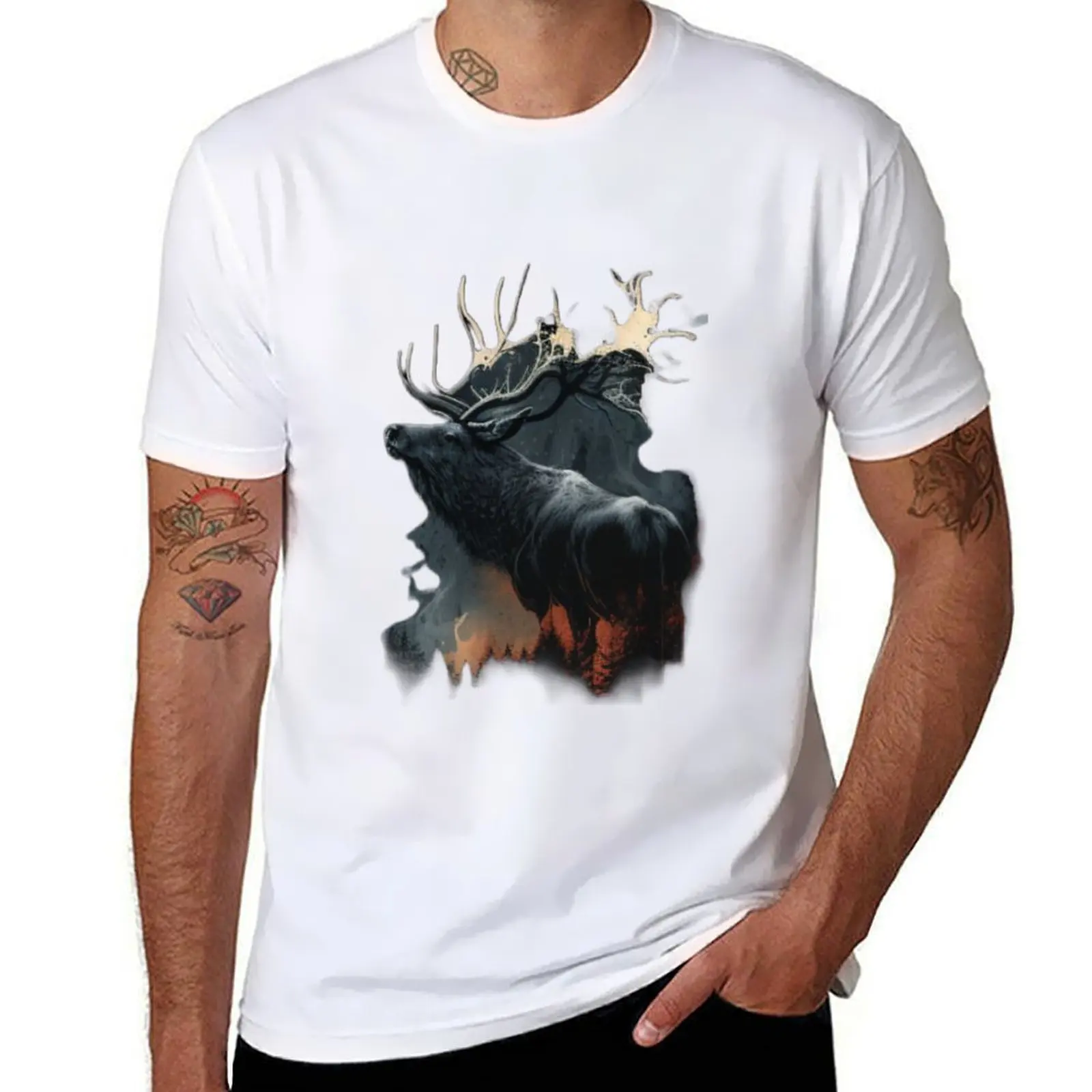 

Intricate Elk in Burning Forest Painting T-Shirt anime tshirt mens graphic t shirts T-Shirt