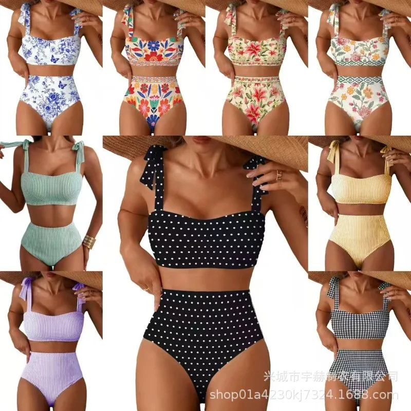 

Swimwear Woman 2026 Bikini Sets Floral Print High Waist Bikinis Pastel Pink Two Piece Bikini Mint Green Square Neckline Swimsuit