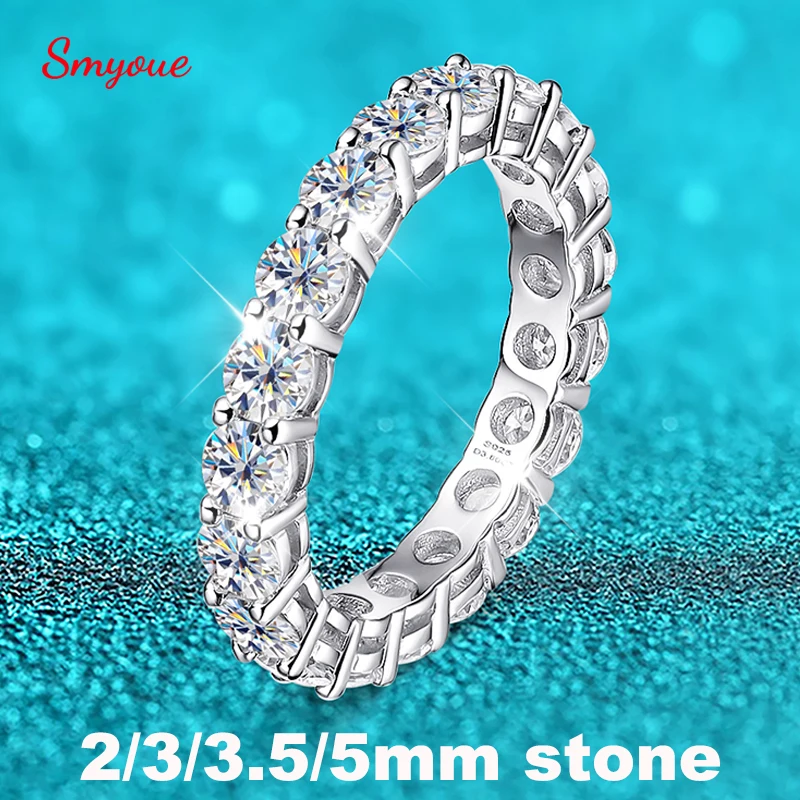 Pierścionek Smyoue z moissanitem 2-5 mm dla kobiet, błyszczące obrączki ślubne, 100% srebro próby S925, klasyczny pierścionek.