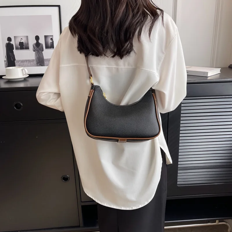 Color Blocking PU Shoulder Bag 2023 New Women's Simple High-end Texture Crossbody Bag Casual Versatile Commuting Underarm Bag