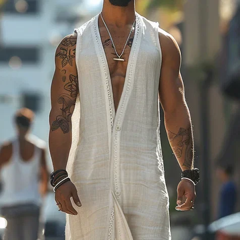 Holiday Style Men's Casual Sleeveless Button-down Cardigan Long Robe