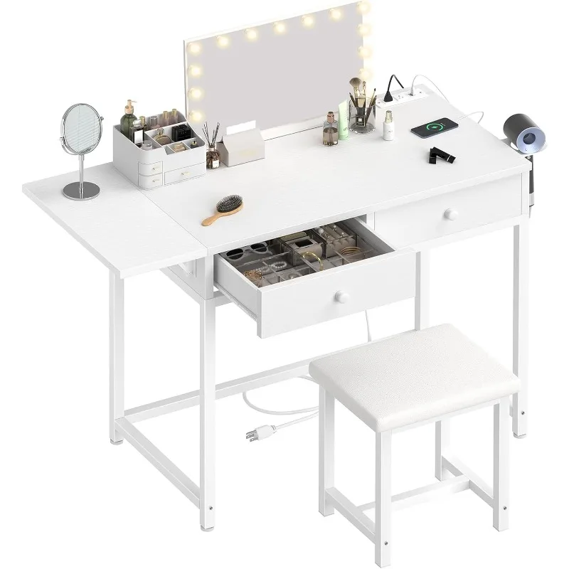 Makeup Vanity Desk no Mirror - Modern Vanity Table with Wood Drawers, Padded Stool, Charging Station & Foldable Countertop,