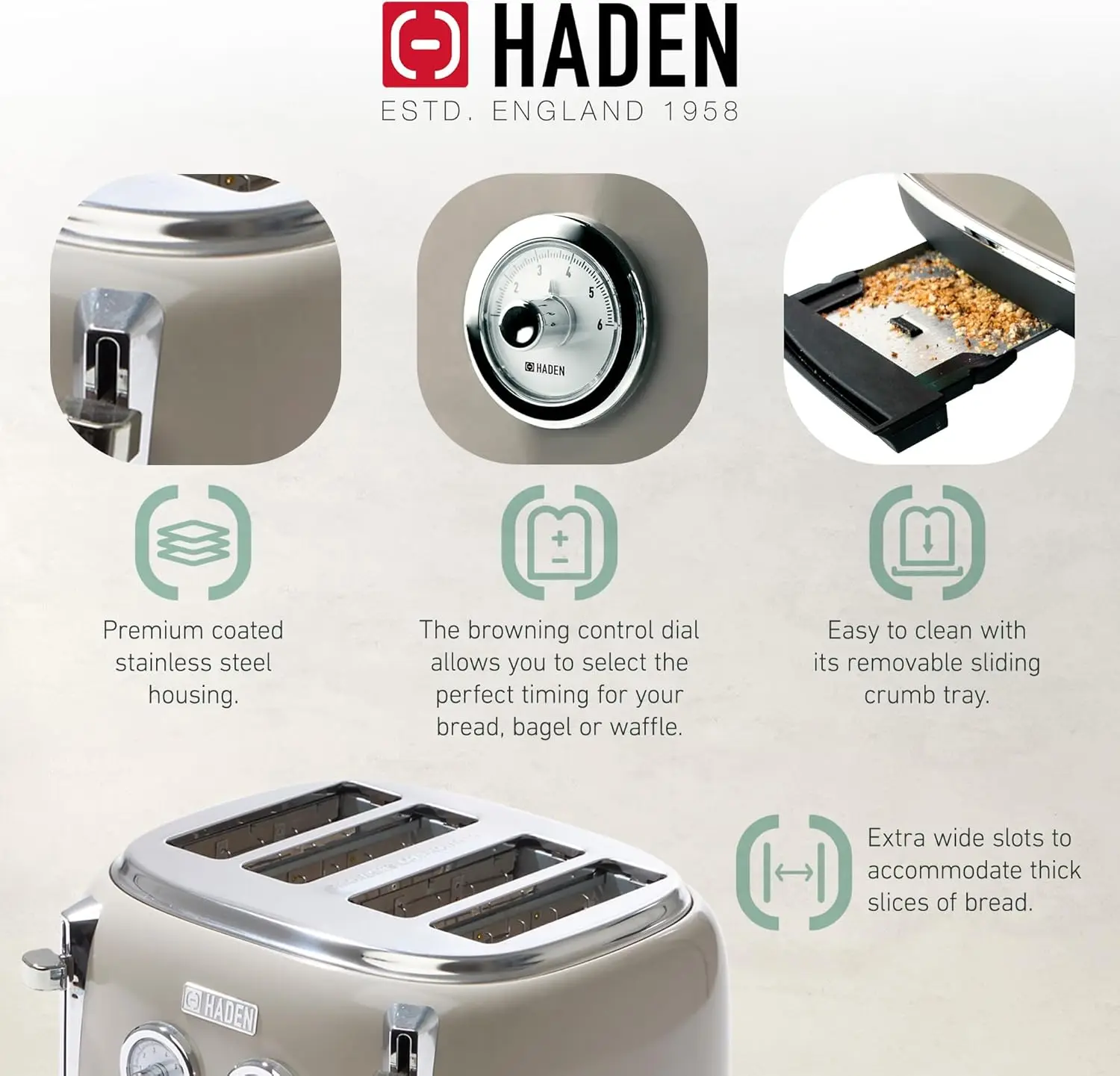 Wide Slot Stainless Steel Toaster Bundled with 1.7 Liter Stainless Steel Electric Kettle with 360-Degree Base, Putty & Chrome